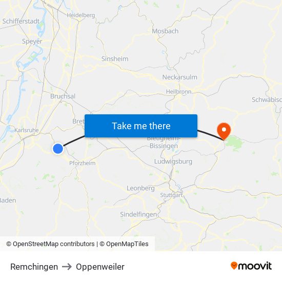 Remchingen to Oppenweiler map