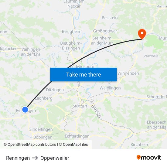 Renningen to Oppenweiler map