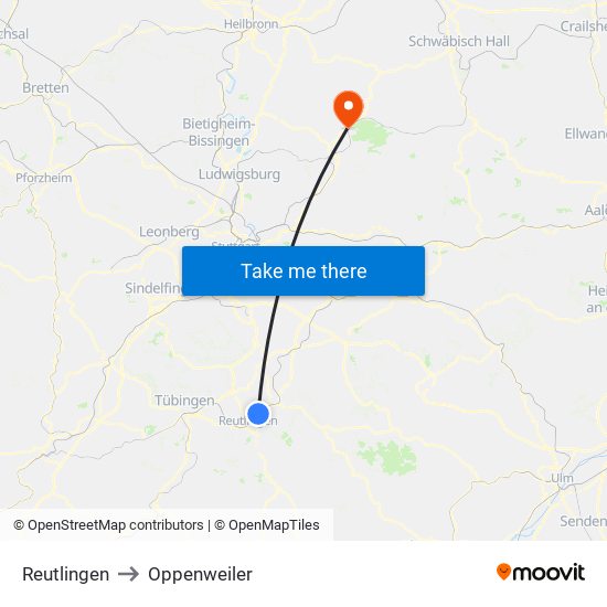 Reutlingen to Oppenweiler map