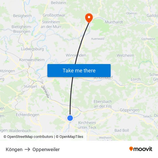 Köngen to Oppenweiler map