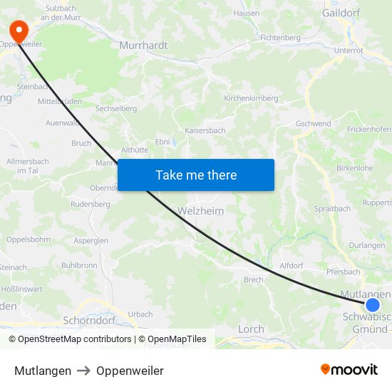 Mutlangen to Oppenweiler map