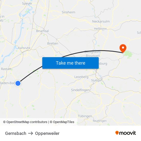 Gernsbach to Oppenweiler map