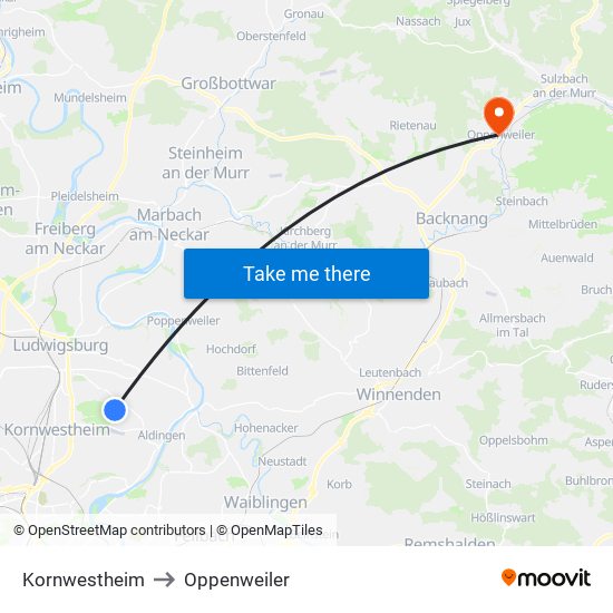 Kornwestheim to Oppenweiler map