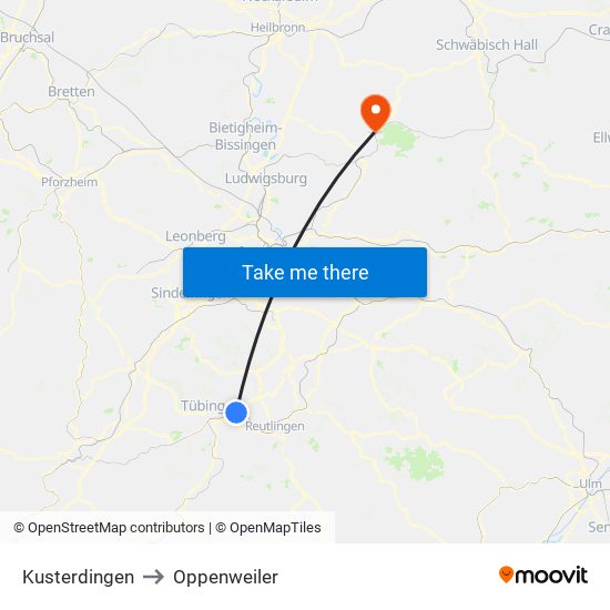 Kusterdingen to Oppenweiler map