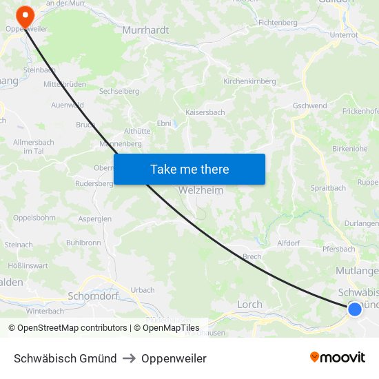 Schwäbisch Gmünd to Oppenweiler map