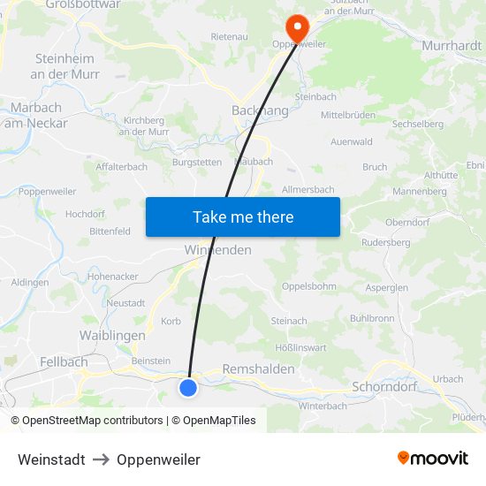 Weinstadt to Oppenweiler map