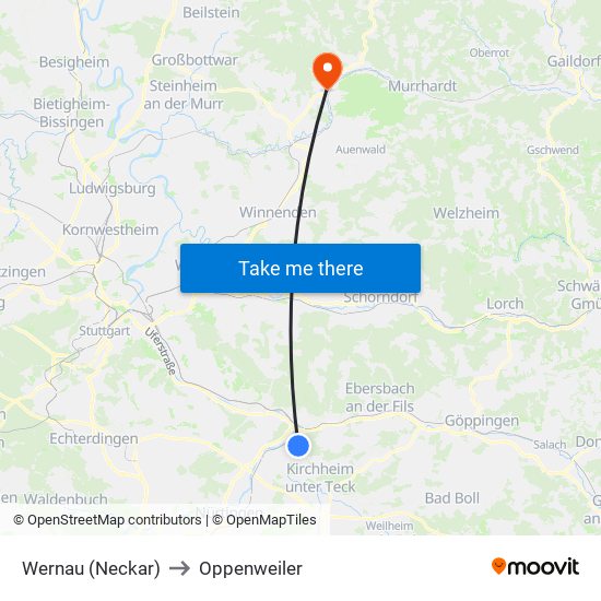 Wernau (Neckar) to Oppenweiler map