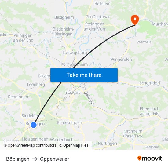 Böblingen to Oppenweiler map