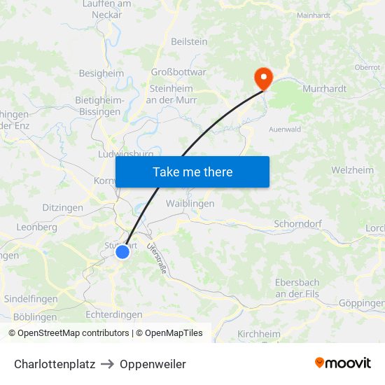Charlottenplatz to Oppenweiler map