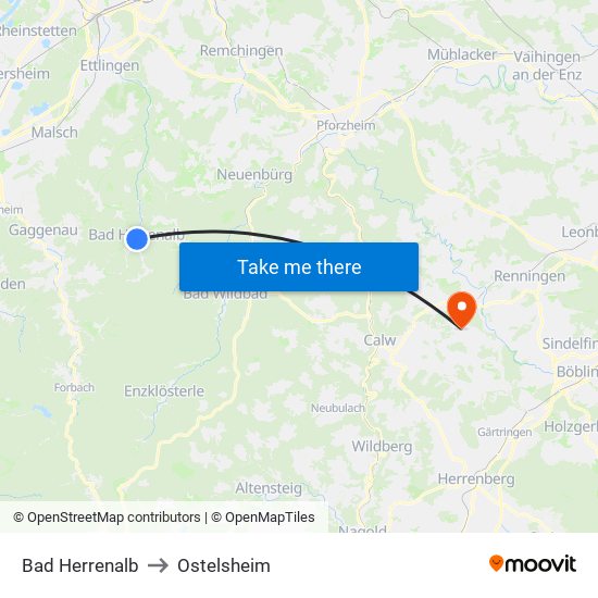 Bad Herrenalb to Ostelsheim map