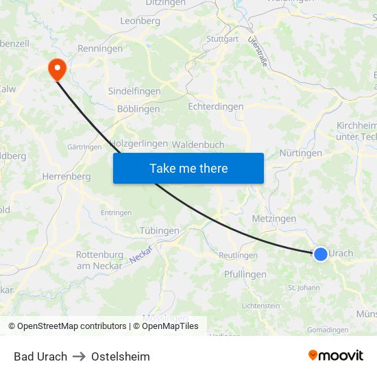 Bad Urach to Ostelsheim map