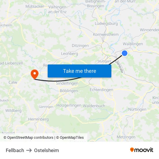 Fellbach to Ostelsheim map