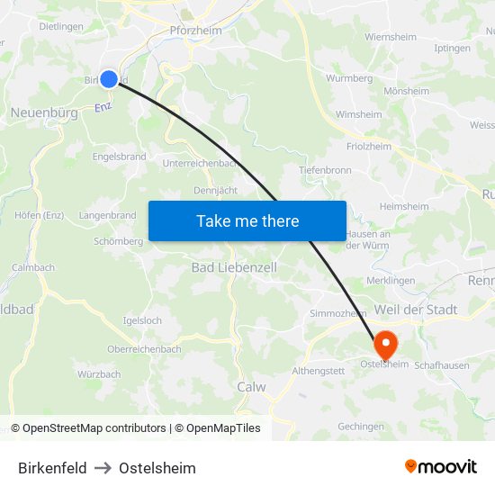 Birkenfeld to Ostelsheim map