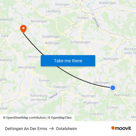 Dettingen An Der Erms to Ostelsheim map