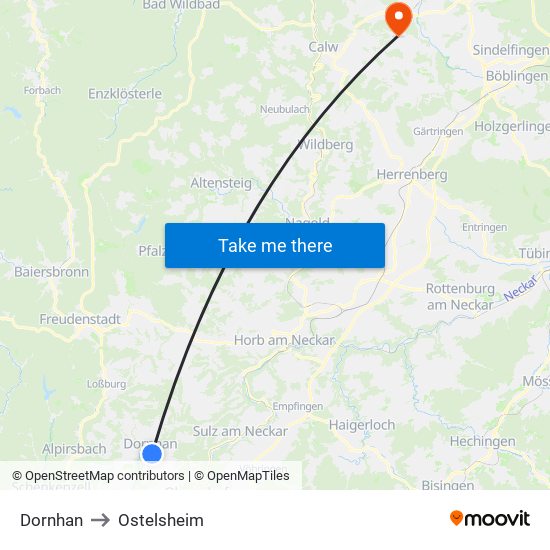 Dornhan to Ostelsheim map