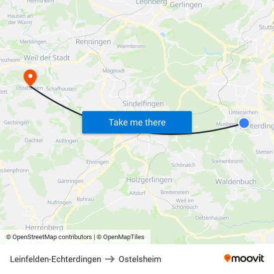 Leinfelden-Echterdingen to Ostelsheim map