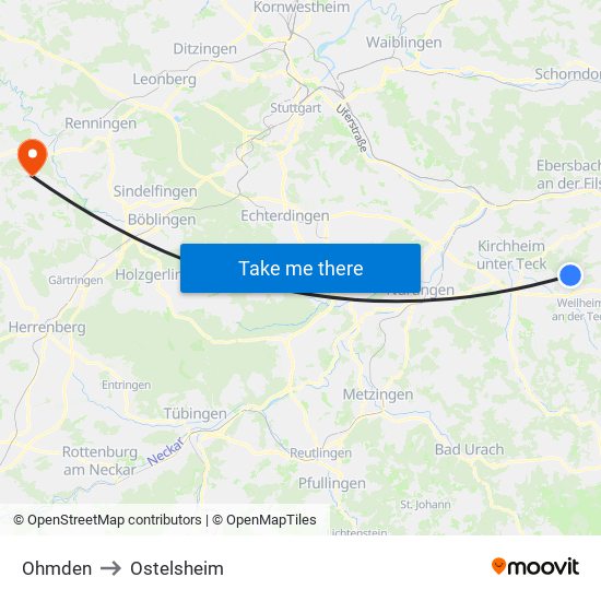 Ohmden to Ostelsheim map