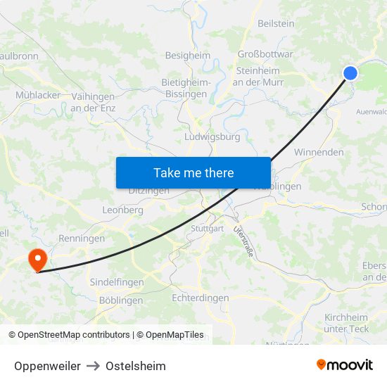 Oppenweiler to Ostelsheim map