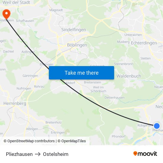 Pliezhausen to Ostelsheim map