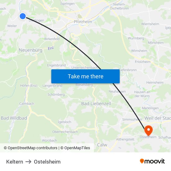 Keltern to Ostelsheim map