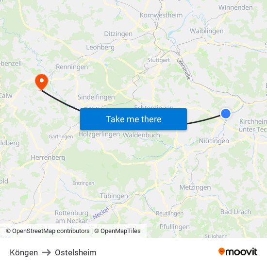 Köngen to Ostelsheim map