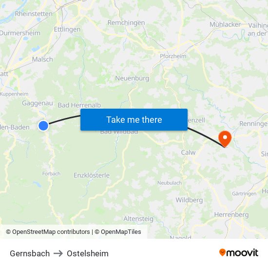 Gernsbach to Ostelsheim map