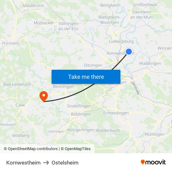 Kornwestheim to Ostelsheim map