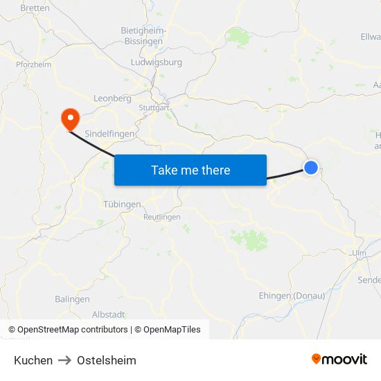 Kuchen to Ostelsheim map