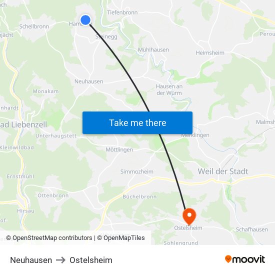 Neuhausen to Ostelsheim map