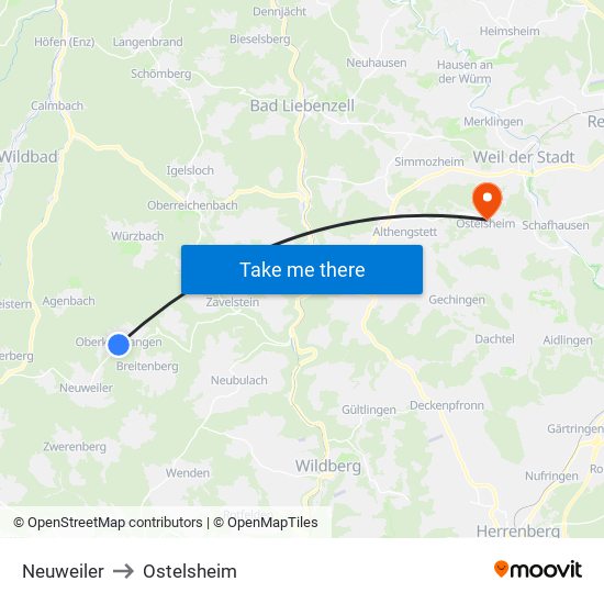 Neuweiler to Ostelsheim map