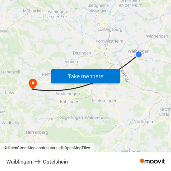 Waiblingen to Ostelsheim map