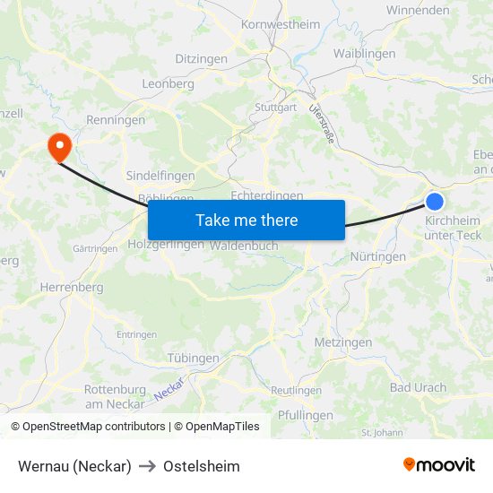 Wernau (Neckar) to Ostelsheim map