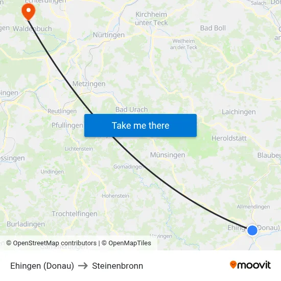 Ehingen (Donau) to Steinenbronn map