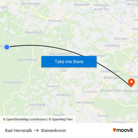 Bad Herrenalb to Steinenbronn map