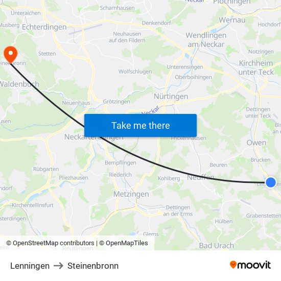 Lenningen to Steinenbronn map