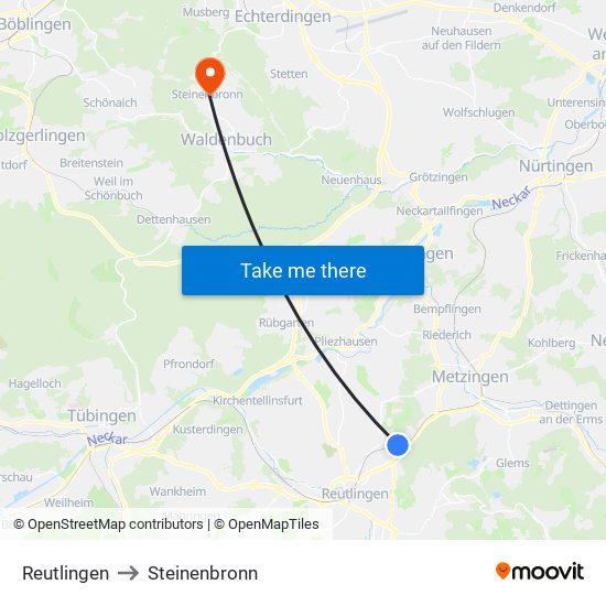 Reutlingen to Steinenbronn map