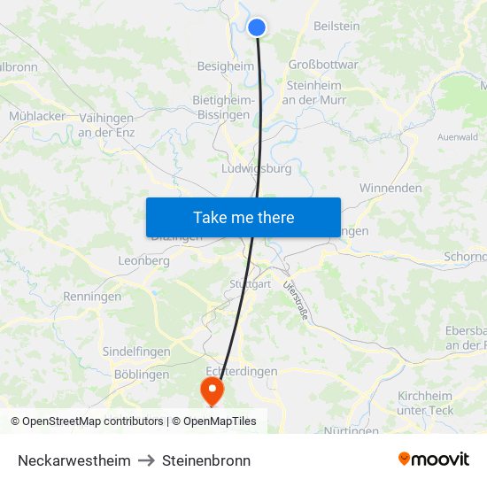 Neckarwestheim to Steinenbronn map