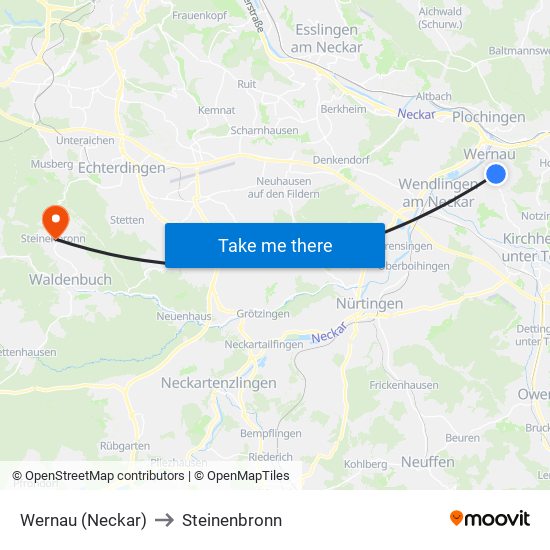 Wernau (Neckar) to Steinenbronn map