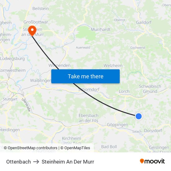 Ottenbach to Steinheim An Der Murr map