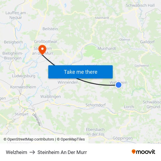 Welzheim to Steinheim An Der Murr map