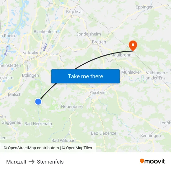 Marxzell to Sternenfels map
