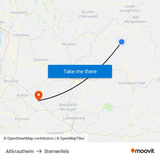 Altkrautheim to Sternenfels map