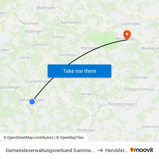 Gemeindeverwaltungsverband Gammertingen to Heroldstatt map