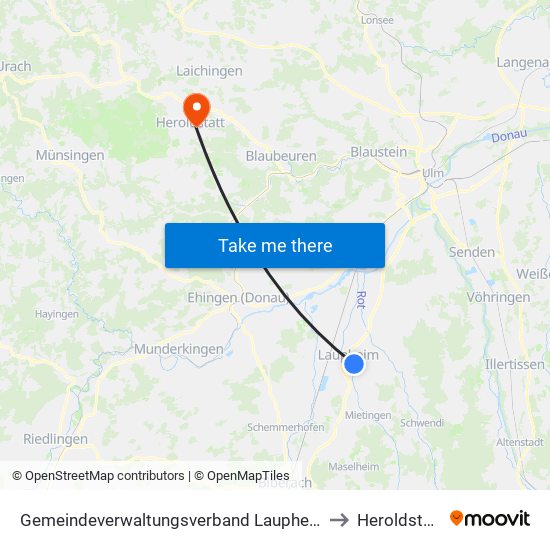 Gemeindeverwaltungsverband Laupheim to Heroldstatt map