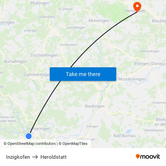 Inzigkofen to Heroldstatt map