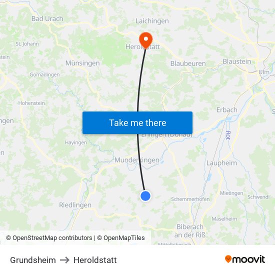 Grundsheim to Heroldstatt map