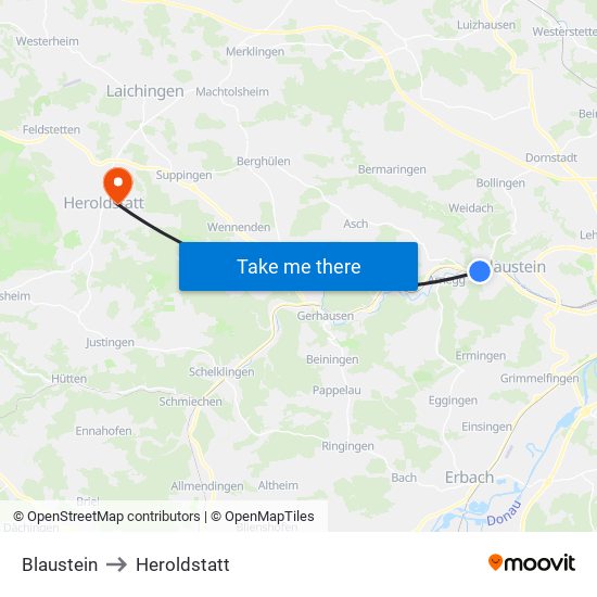 Blaustein to Heroldstatt map