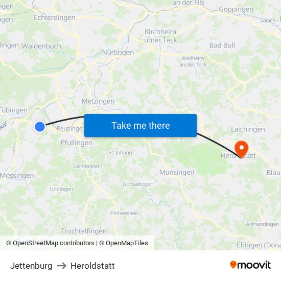 Jettenburg to Heroldstatt map