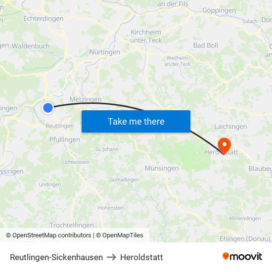 Reutlingen-Sickenhausen to Heroldstatt map