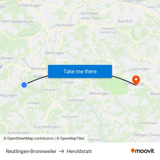 Reutlingen-Bronnweiler to Heroldstatt map